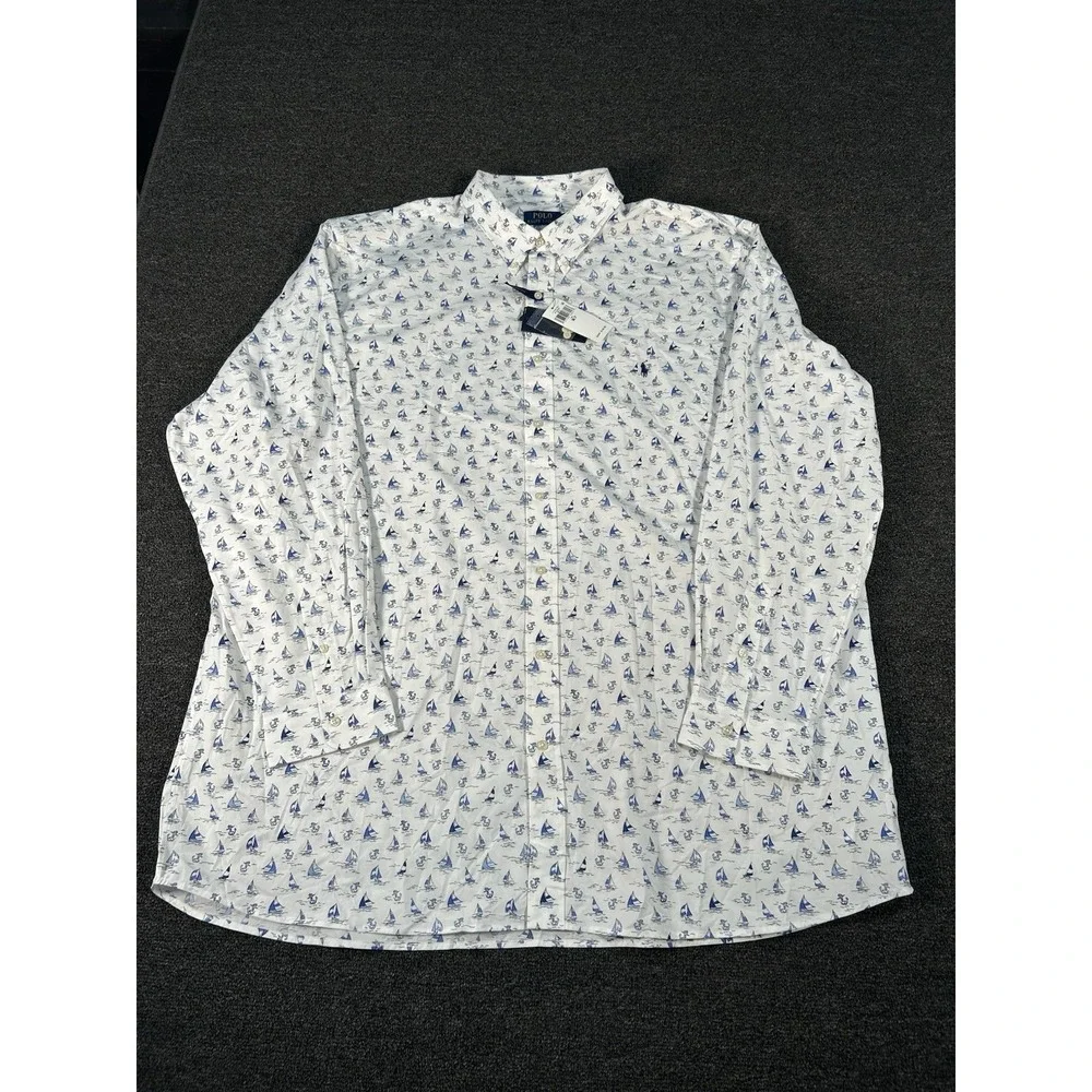 New Polo Ralph Lauren Shirt 3XLT White‎ Sailboat Print Nautical Preppy Stretch